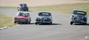 Goodwood Revival 2012, St. Mary's Trophy, Rob Huff (Austin A35), Anthony Reid (Jaguar MkI), Rowan Atkinson (Jaguar MkVII)